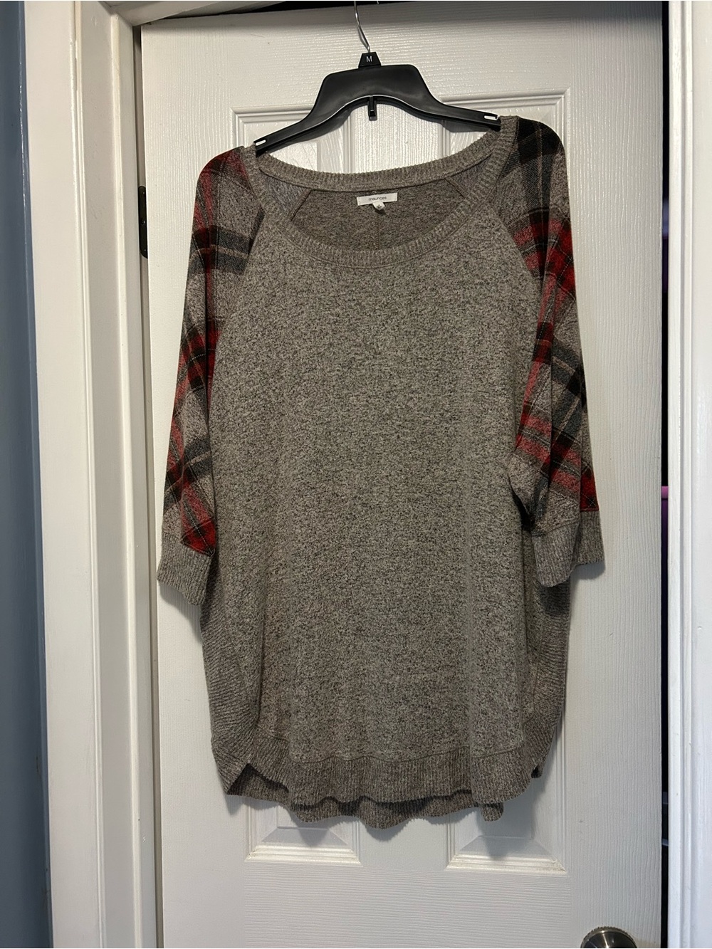 Maurice’s Cozy Grey Pullover Sweater with Plaid Sleeves